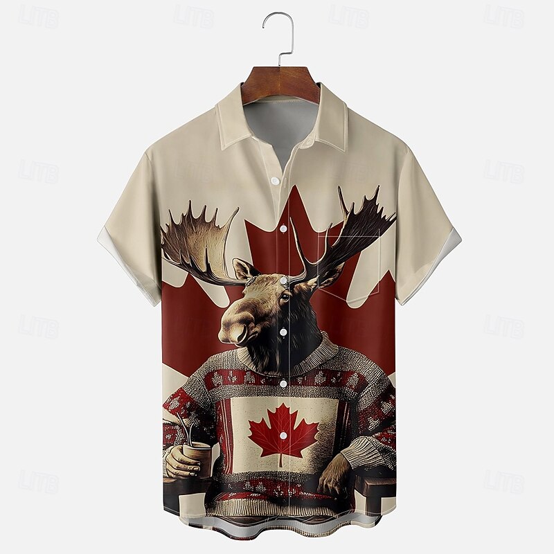 Canada Day Men's Flag Reindeer Shirt Summer Shirt Button Up Shirt Short Sleeve Fashion Casual Holiday Summer Spring Turndown 3D Print Collared Shirts Front One Pocket Khaki