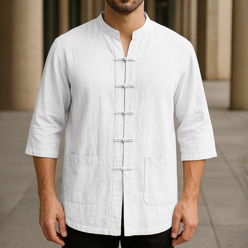 Men's Shirt Linen Shirt Casual Shirt Button Up Shirt Cotton Shirt Plain Vacation Casual Daily Black White Navy Blue Beige Half Sleeve Band Collar Summer Spring Clothing Apparel Front Pocket4