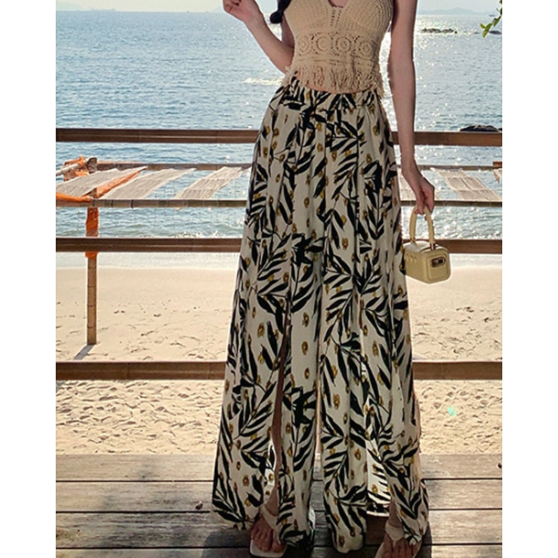 Women's Slacks Streetwear Boho Full Length Natural Flower Elastic Waist Printing Outdoor Comfortable Going out Weekend Black Summer Regular Fit