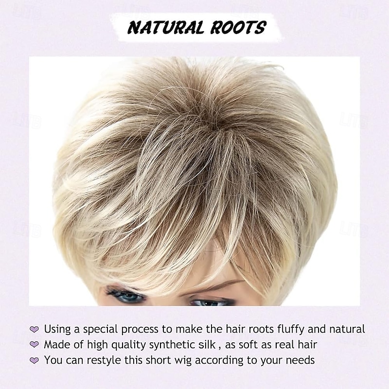 Short Blonde Wigs for Women Pixie Cut Wig with Bangs Ladies Natural Layered Synthetic Hair Wig Blonde Mix White Wig for Daily Fancy Dress Accessory Costume Cosplay Halloween Party Use3