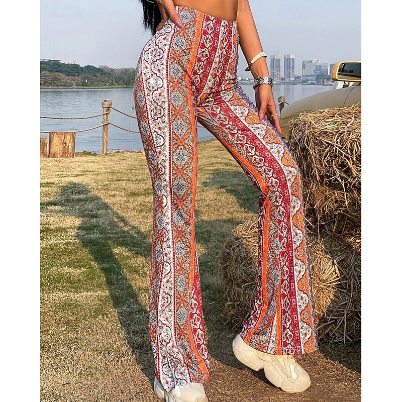 Women's Bell Bottom Slacks Fashion Boho Full Length Natural Flower Elastic Waist Printing Outdoor Comfortable Holiday Going out Magenta Orange red Black Pink Summer Regular Fit3