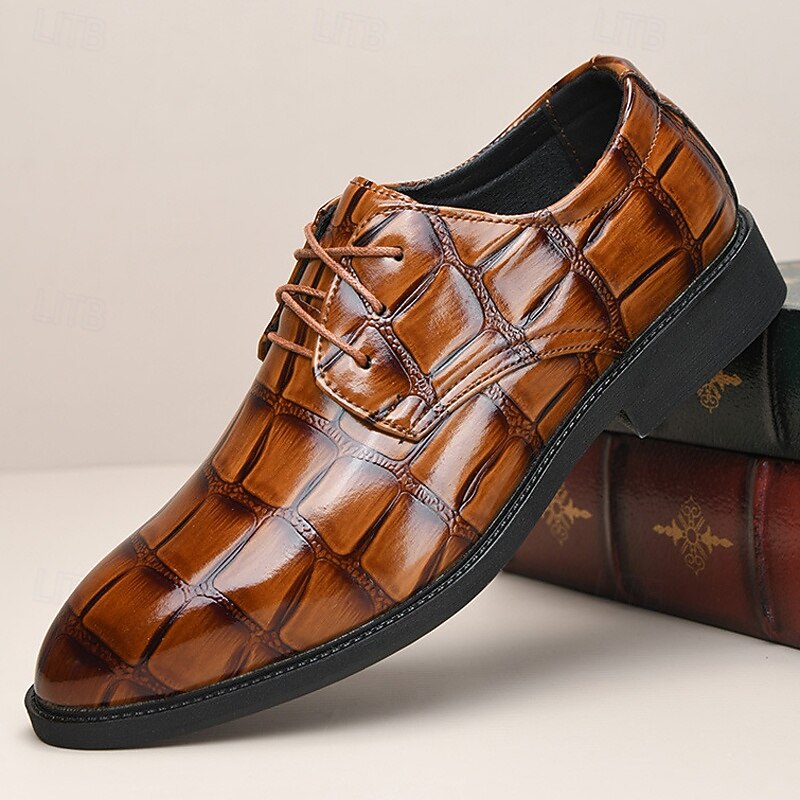 Men's Dress Shoes Brown Crocodile-Pattern Leather Shoes with Lace-Up Closure and Durable Sole for Formal Occasions and Business Wear