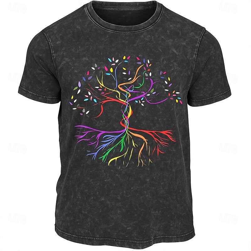 Men's Colorful Tree of Life Graphic T-Shirt | Vintage Washed Short Sleeve Tee for Hobbies & Lifestyle