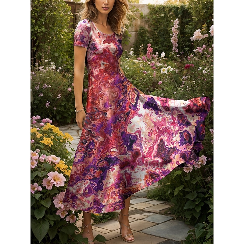 Women's Maxi Dress Casual Dress A Line Dress Summer Dress Elegant Vacation Casual Regular Fit Graphic Abstract Marble Short Sleeve Square Neck Red Blue Purple Green Summer Spring