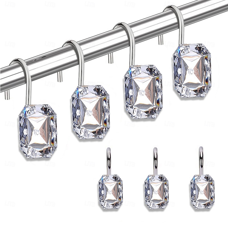 12pcs/set Shower Curtain Hook, Transparent Acrylic Rhinestone Shower Curtain Hook, Curtain Hook, Bathroom Accessories - Main Image