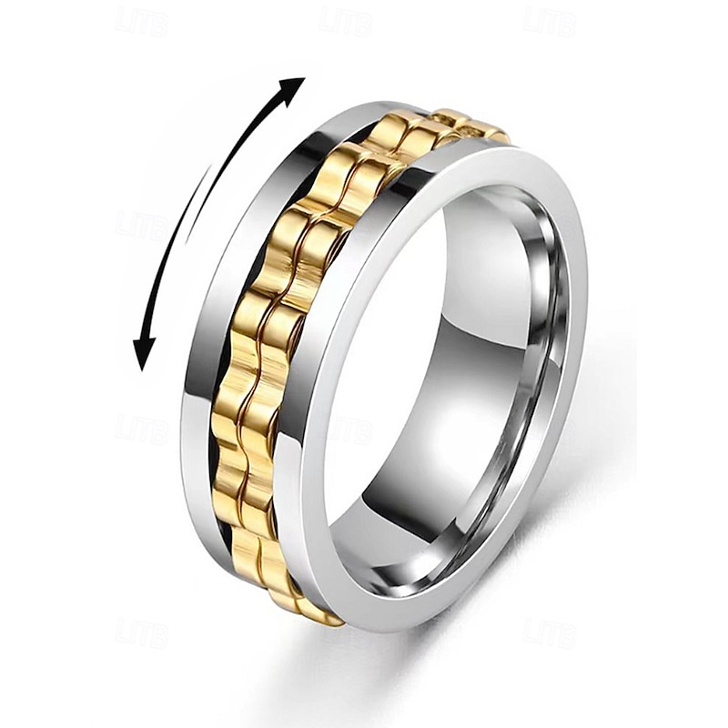 Men's Stainless Steel Spinning Fidget Ring – Black, Silver, and Gold Color Options with Chain Design for Stress Relief and Stylish Everyday Wear, Perfect Father's Day Gift