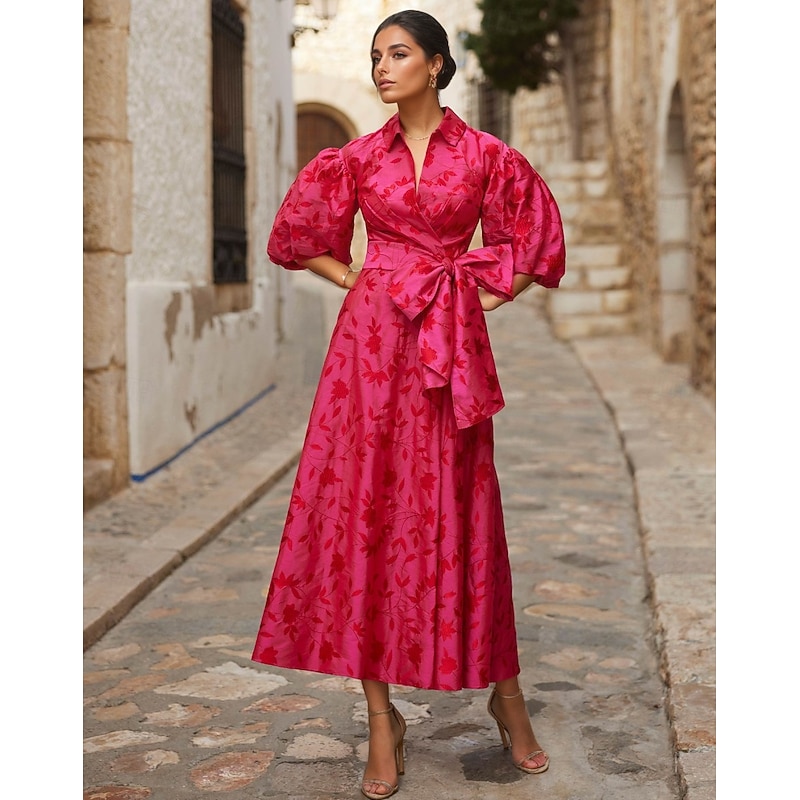 A-Line Cocktail Dresses Elegant Dress Formal Wedding Floor Length 3/4 Length Sleeve Shirt Collar Pocket Satin with Floral Print Bow(s) Slit Wedding Guest Dress2