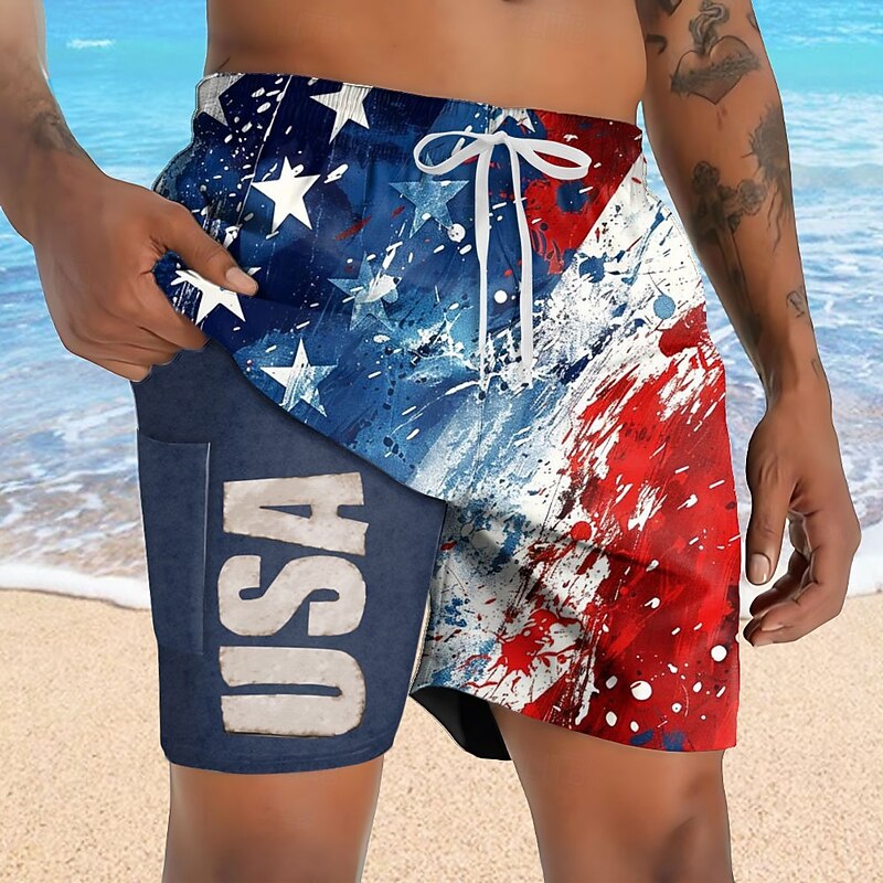 Independence Day Men's Patriotic USA Flag Lined Shorts 2 in 1 Board Shorts Swim Trunks Mid Waist Holiday Side Pockets With Compression Liner Elastic Drawstring Waist Designer Clothing Apparel3