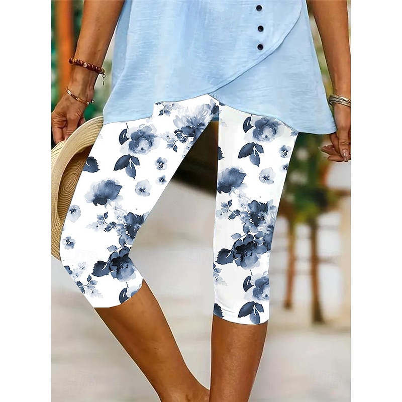 Women's Leggings Vacation Vintage Fashion Calf-Length High Waist Floral Graphic Leaf Printing Breathable Soft Stretchy Formal Outdoor Vacation Robin's Egg Blue Pink Summer Spring Slim Fit4