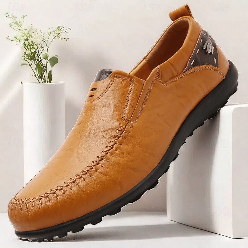 Men's Casual Brown Loafers with Soft Faux Leather Upper, Hand-Stitched Detailing, and Durable Rubber Sole - Perfect for Everyday Wear and Outdoor Activities - Main Image