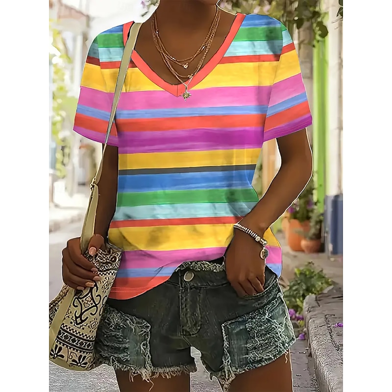 Women's T Shirt Summer Tops Graphic Striped Classic Casual Short Sleeve V Neck Crop Tops Daily Weekend Print Rainbow Summer Spring Fall