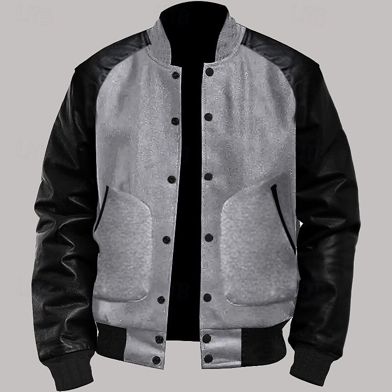 Men's Transition Jacket Varsity Jacket Daily Wear Leather Sleeved Spring &  Fall Plain Streetwear Stand Collar Short Black White Light Grey Dark Gray Jacket3