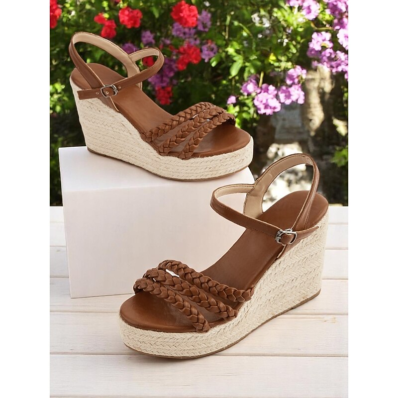Women's Brown Braided Espadrille Wedge Sandals – Casual Summer Shoes for Garden Walks and Picnic Outfits4