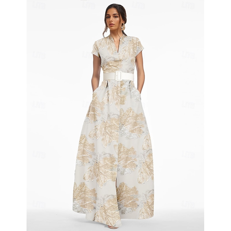 A-Line Mother of the Bride Evening Gown Elegant Dress Formal Wedding Floor Length Short Sleeve V Neck Belt / Sash Nylon with Slit Pocket