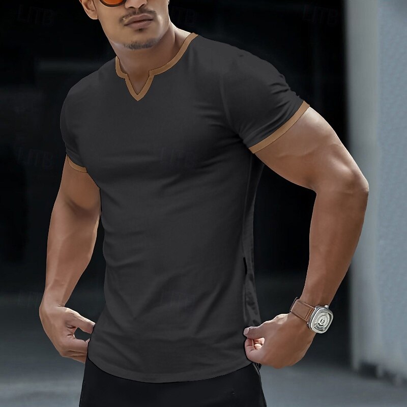 Men's T Shirt Tee Top Short Sleeve Short Sleeves V Neck Notched Summer Color Block Fashion Designer Basic Classic Style Vacation Street Casual Black White Gray Top Tee for Men4