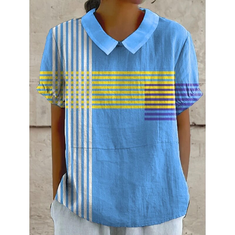 Women's Blouse Graphic Geometric Striped Elegant Daily Stylish Short Sleeve Shirt Collar Regular Tops Work Daily Holiday Lace Yellow Blue Orange Summer Spring2