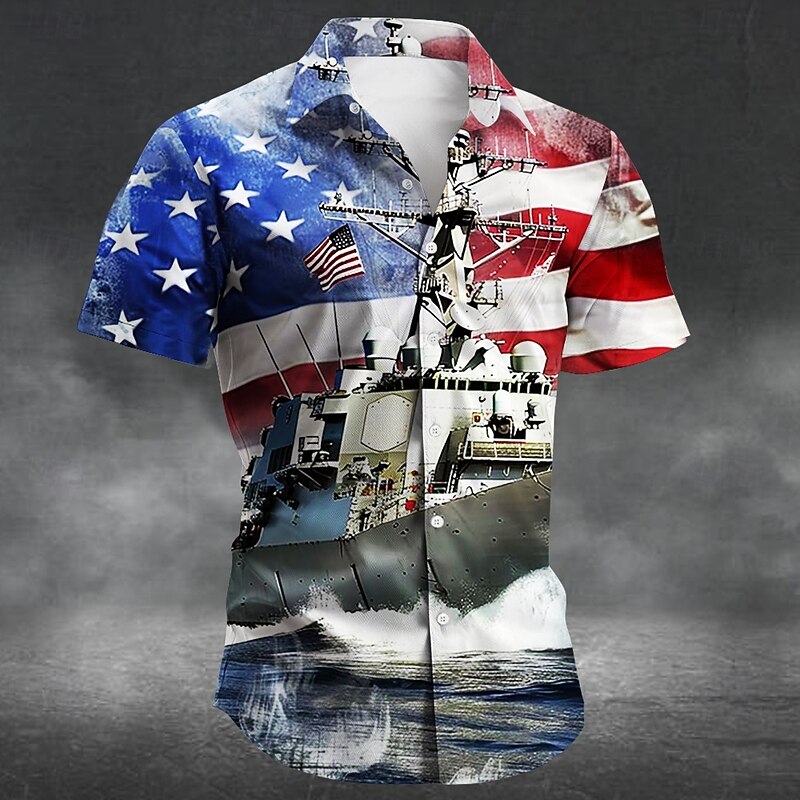 Independence Day Men's American Flag Patriotic Fourth of July Shirt Summer Shirt Button Up Shirt Short Sleeve Fashion Casual Holiday Festival Summer Spring Turndown 3D Print Collared Shirts Blue