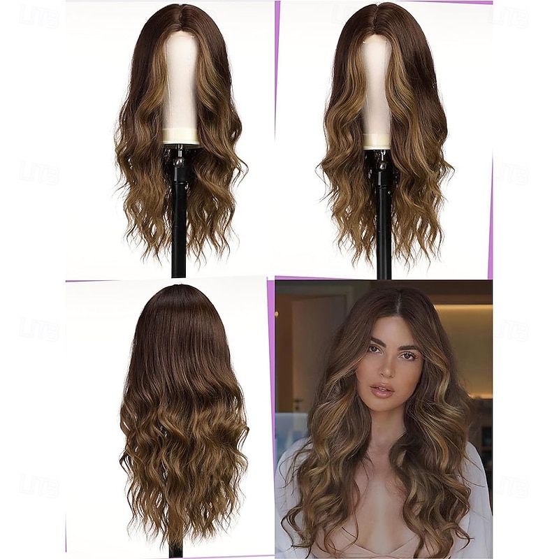 Long Wavy Brown Wigs for Women Heat Resistant Wig with Middle Parting for Daily3