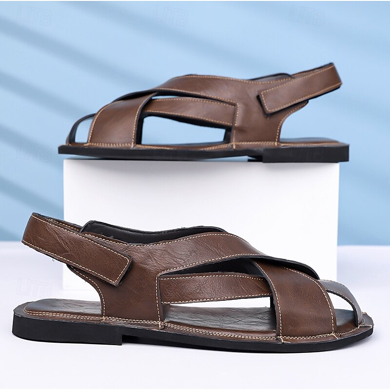 Men's Brown Faux Leather Cross-Strap Sandals with Adjustable Closure - Comfortable and Trendy Sandals for Warm Weather3