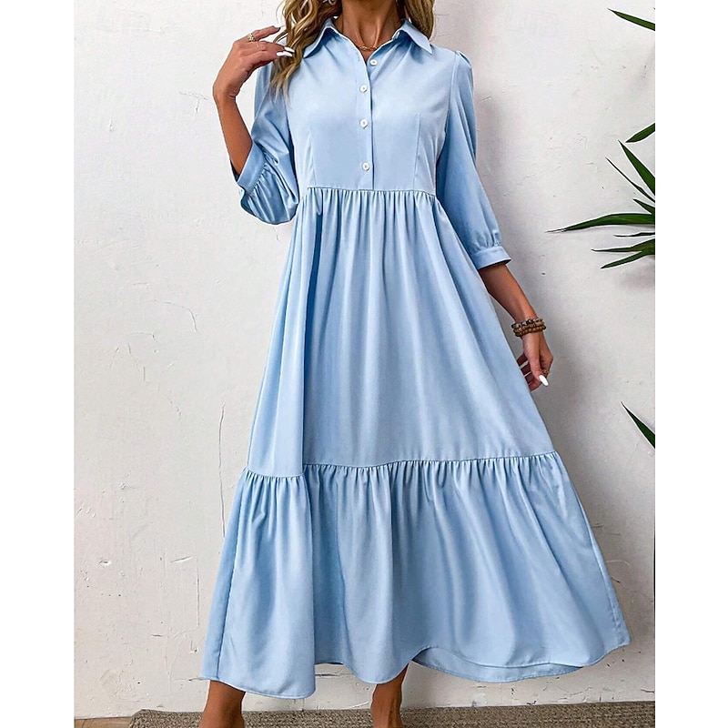 Women's Midi Dress Shirt Dress Fashion Modern Outdoor Vacation Holiday Regular Fit Plain 3/4 Length Sleeve Shirt Collar Black Green Light Blue Summer