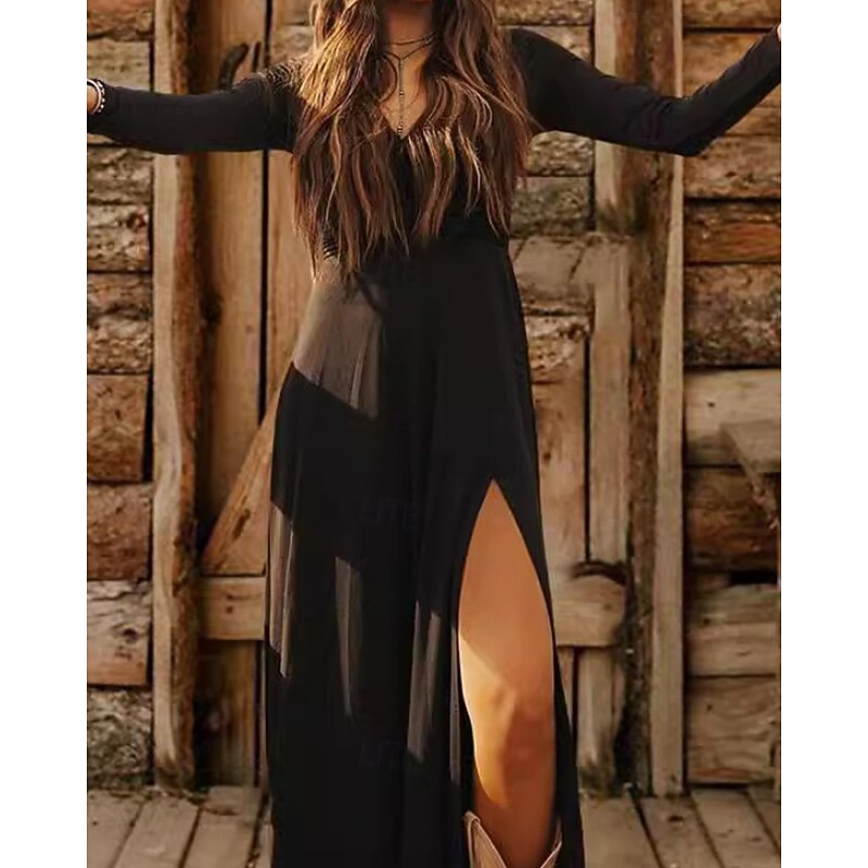 Women's Long Dress Maxi Dress Casual Dress Classic Modern Outdoor Vacation Holiday Regular Fit Plain Long Sleeve V Neck Black Summer2