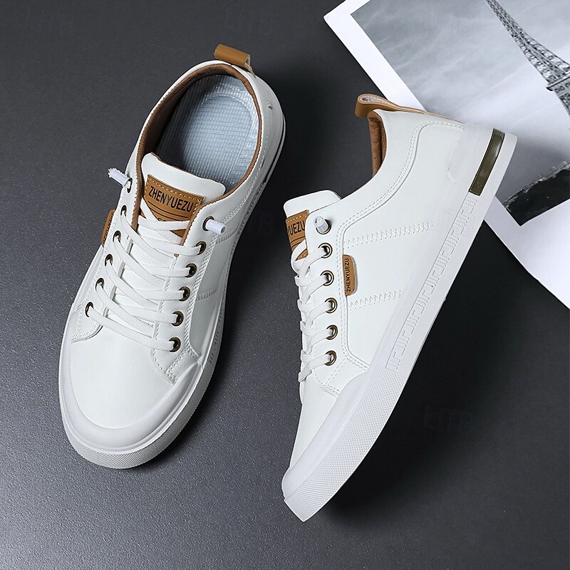 Men's Classic White Lace-up Sneakers with Logo Detailing - Casual, Comfortable, Suitable for Everyday Wear and Urban Adventures3