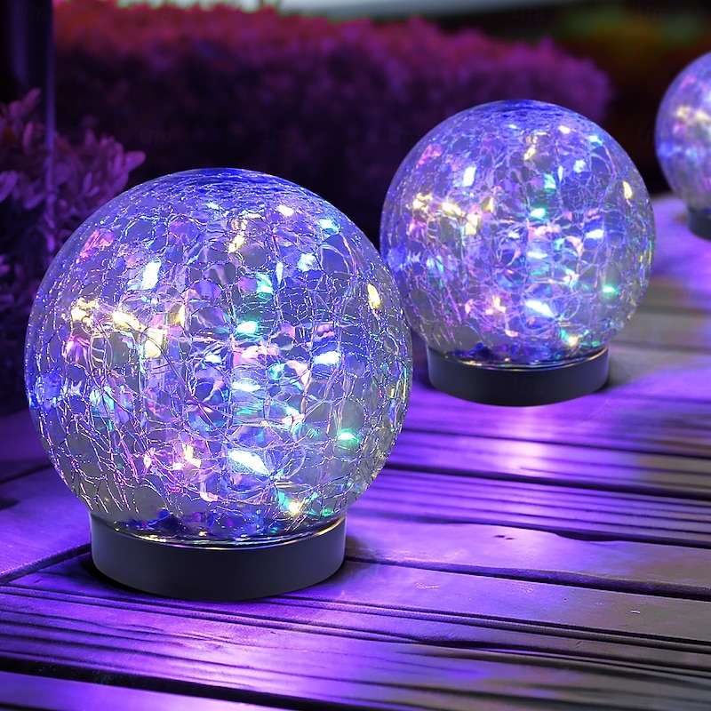 2 Pcs Outdoor Groud Lights Solar Waterproof Spherical Crack Glass Floor Plug in Light Courtyard Garden Lawn Path Decorative Light Wedding Festival Atmosphere Decorative Light