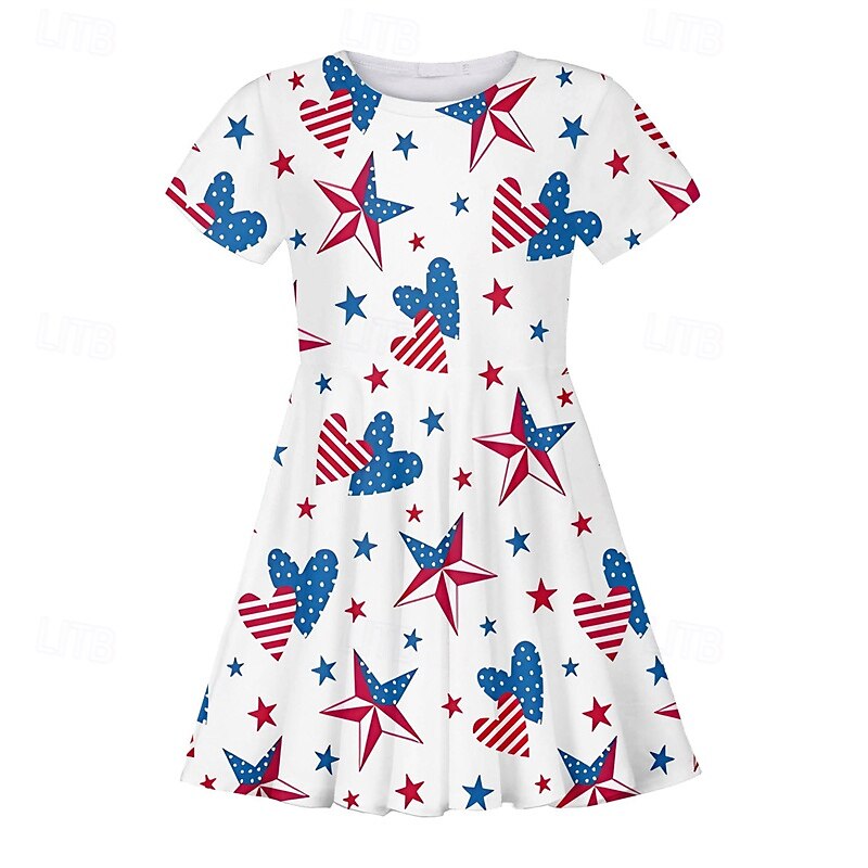 Girls' 3D Stars Dress Short Sleeve Summer Spring Vacation Daily Holiday Princess Beautiful Sweet Kids 4-12 Years Casual Dress Knee-length Regular Fit