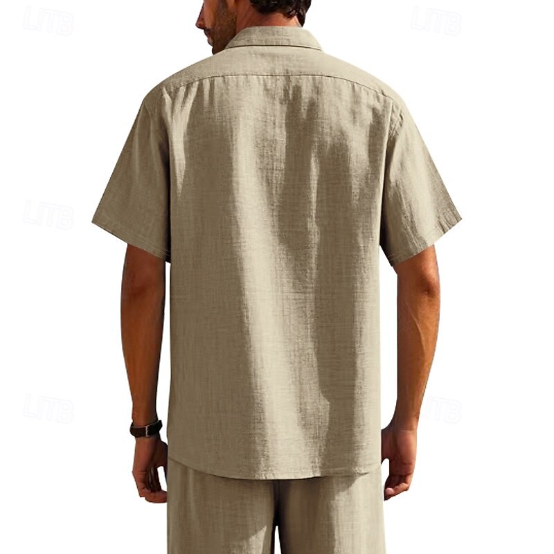 Men's Shirt Linen Shirt Casual Shirt Button Up Shirt Cotton Shirt Plain Vacation Street Black White Khaki Army Green Short Sleeve Turndown Summer Clothing Apparel Pocket3
