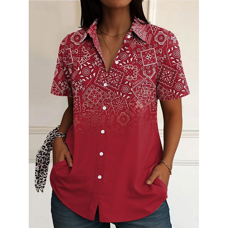 Women's Shirt Long Sleeve Button Down Blouse Floral Graphic Vintage Daily Stylish Short Sleeve Shirt Collar Regular Tops Daily Black White Yellow Red Blue Summer Spring2