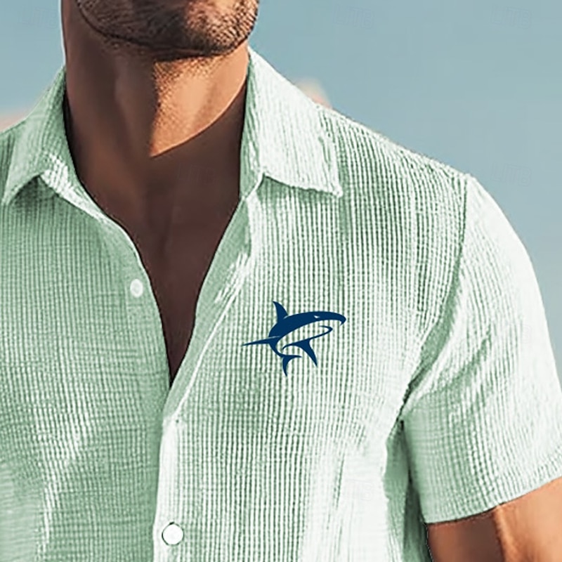 Men's Dophin Sea Creatures Waffle Shirt Button Down Shirt Short Sleeves Hawaiian Vacation Daily Beach Wear Summer Turndown 3D Print Knit Shirt Untucked Shirt Pink Blue Green4