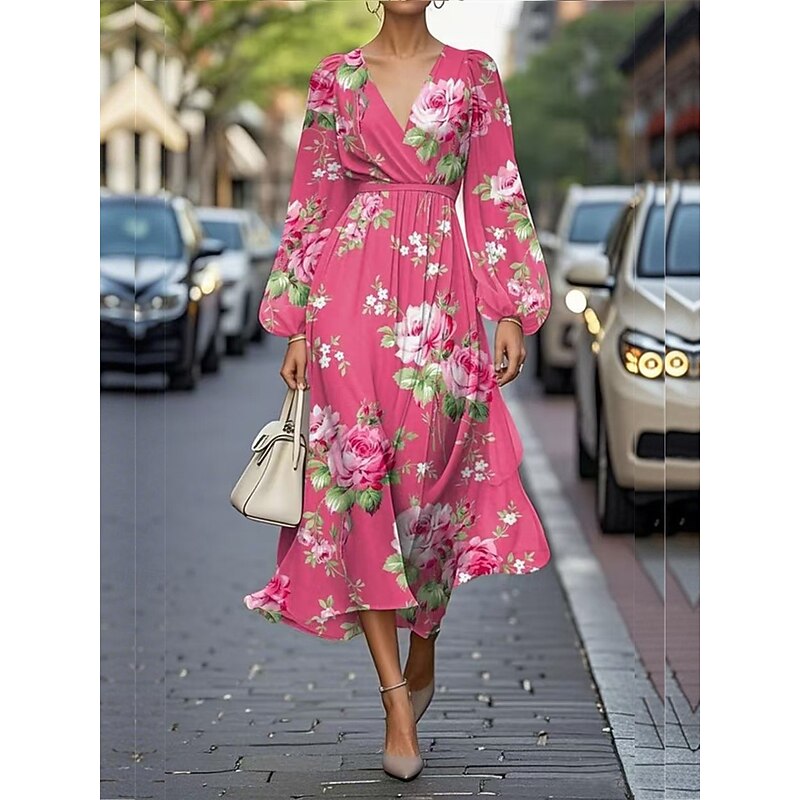 Women's Maxi Dress A Line Dress Casual Outdoor Going out Regular Fit Floral Graphic Long Sleeve V Neck Blue Dark Green Fuchsia Green Summer3