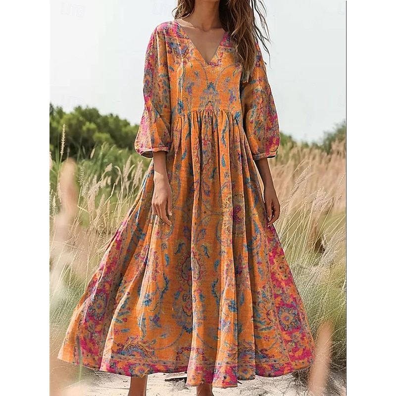 Women's Maxi Dress Sundress A Line Dress Pleated Dress Vacation Casual Boho Daily Holiday Going out Loose Fit Floral Graphic 3/4 Length Sleeve V Neck Yellow Purple Orange2