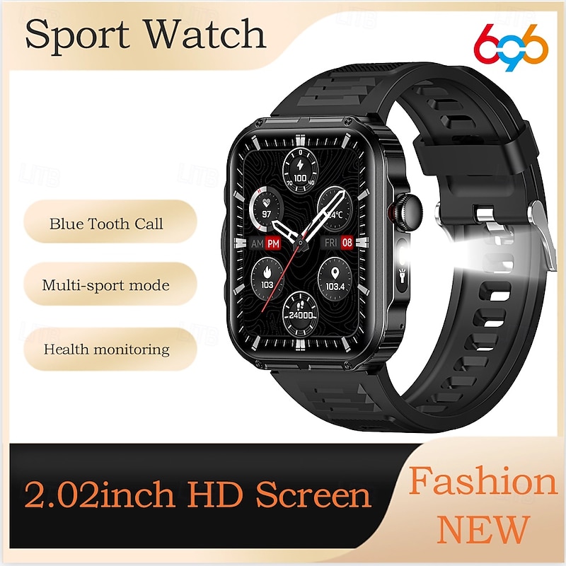 HDT11Ultra Smart Watch 2.02" Full Touch Screen Bluetooth Calling Sports Smartwatch with Flashlight, Step Counter, Multi-Sport Modes, Message Push, Compatible with Android iOS2