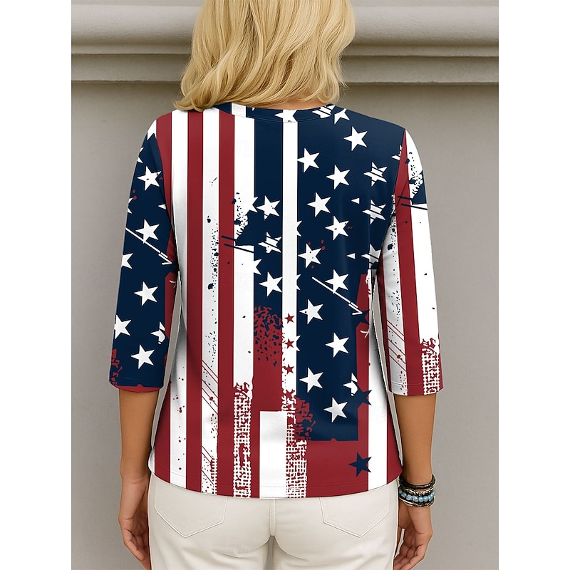 Women's Patriotic  Blouse Graphic Flag Elegant Stylish Casual 3/4 Length Sleeve V Neck Regular Tops Daily Holiday Going out Print Navy Blue Summer Spring2