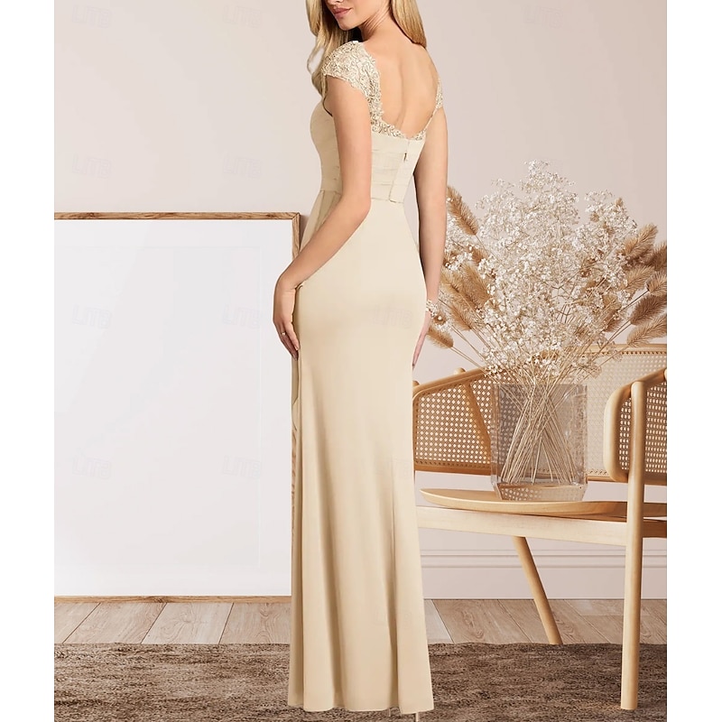 A-Line Mother of the Bride Dress Wedding Guest Elegant Sweetheart Floor Length Chiffon Cap Sleeve with Lace Ruching2