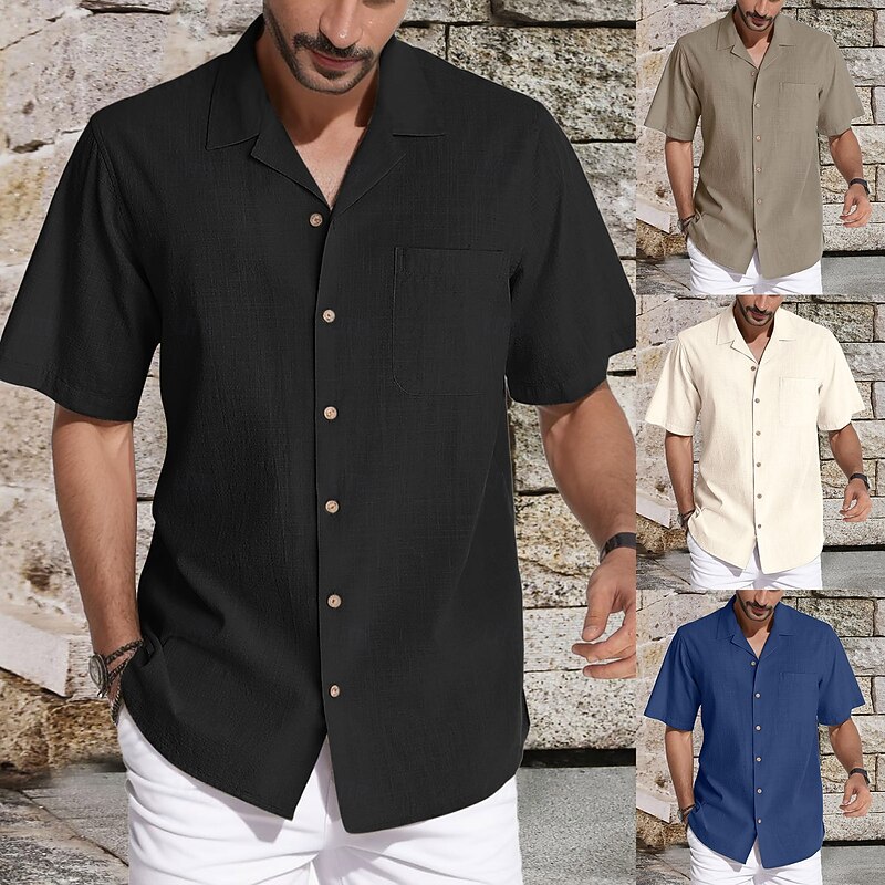 Men's Shirt Linen Shirt Summer Shirt Beach Wear Button Up Shirt Solid Color Vacation Casual Black Navy Blue Green Khaki Short Sleeve Camp Collar Summer Spring Clothing Apparel