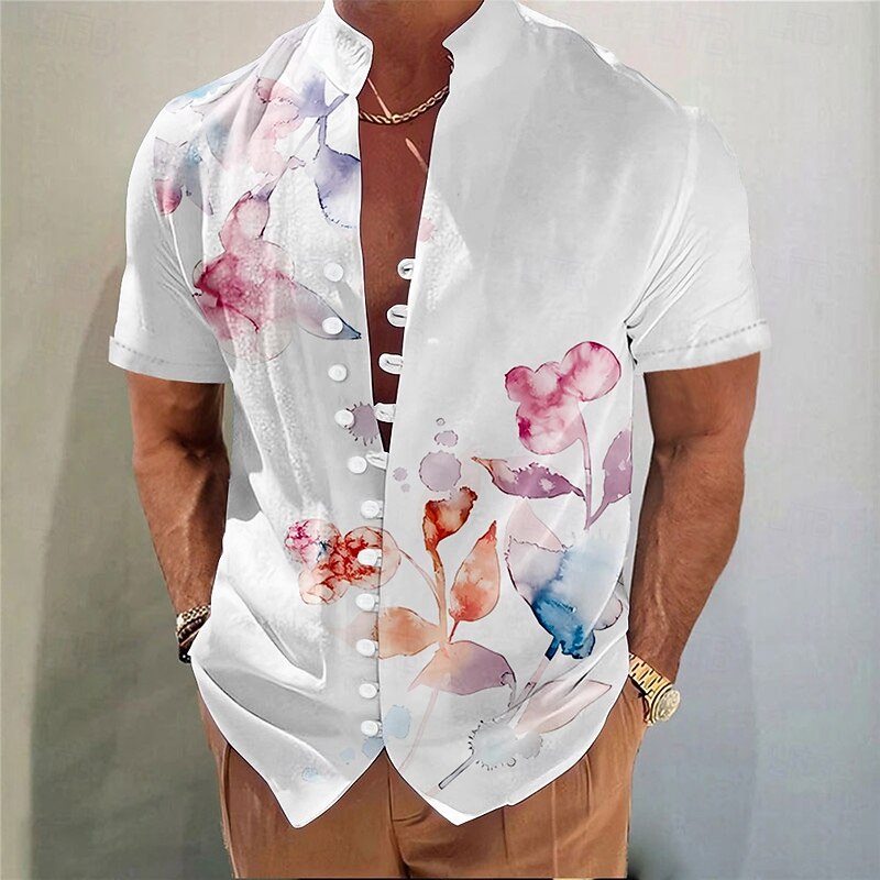Men's Floral Print Flowers Summer Hawaiian Shirt Aloha Shirt Stand Collar Shirt Short Sleeve Hawaiian Vacation Beach Wear Summer Spring Mandarin Collar 3D Print Button Down Shirts Pink Blue Purple3