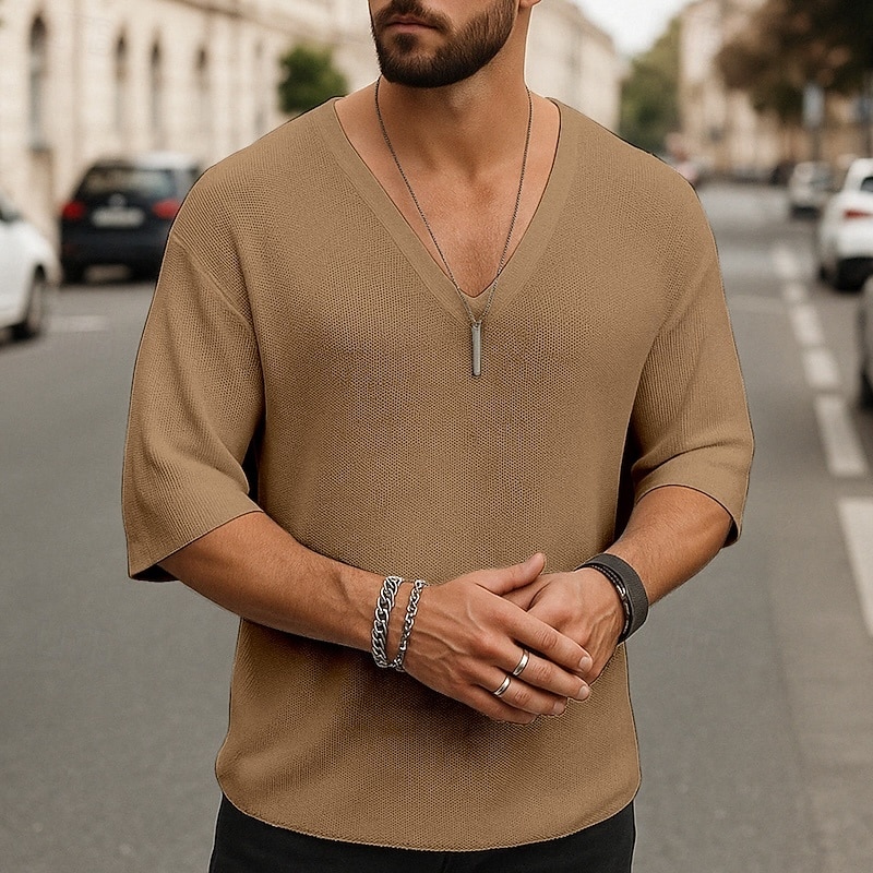 Men's T Shirt Tee Short Sleeve Shirt Tee Top Short Sleeve V Neck Summer Plain Fashion Designer Basic Classic Vacation Street Going out Black White Brown Top Tee for Men2