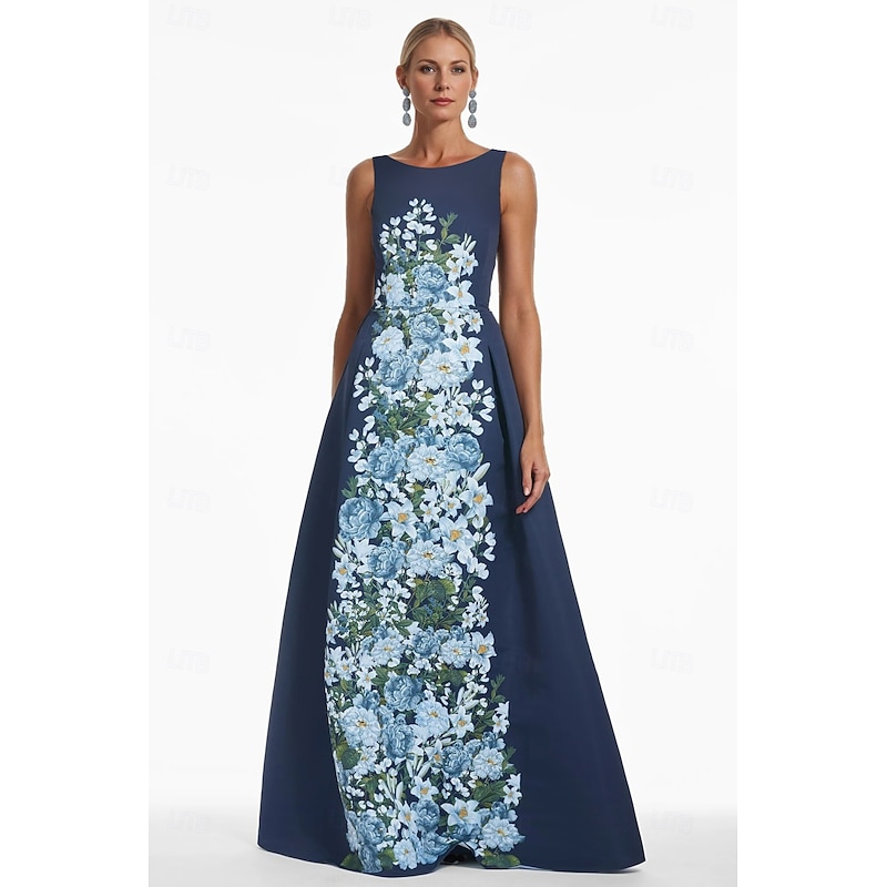 A-Line Evening Gown Elegant Dress Formal Wedding Floor Length Sleeveless Crew Neck Italy Satin with Floral Print Pocket