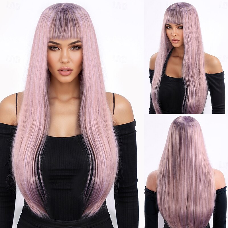 Synthetic Wig Wavy Deep Wave Neat Bang With Bangs Machine Made Wig 26 inch A1 Synthetic Hair Women's Classic Comfortable Color Gradient Pink