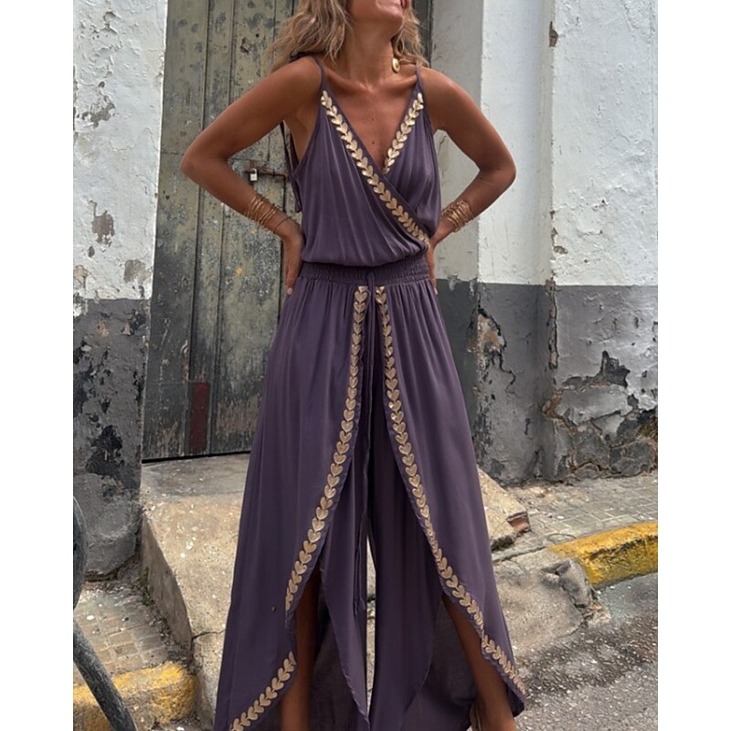 Women's Normal Jumpsuit Streetwear Color Block Sleeveless V Neck Patchwork Street Daily Regular Fit Purple Summer4