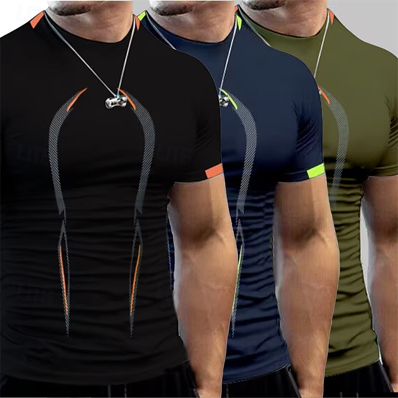 Multi Packs 3pcs Men's Crew Neck Short Sleeves Green+Navy Blue+Black T Shirt Tee Top Color Block Athletic Sports Polyester Summer