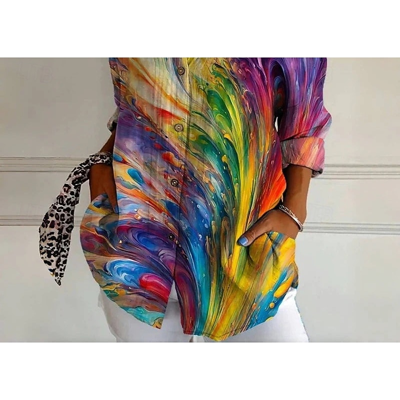 Women's Shirt Graphic Geometric Casual Boho Long Sleeve Shirt Collar Regular Tops Daily Going out Party Outfits Patchwork Buttons Print Rainbow Spring, Fall, Winter, Summer3