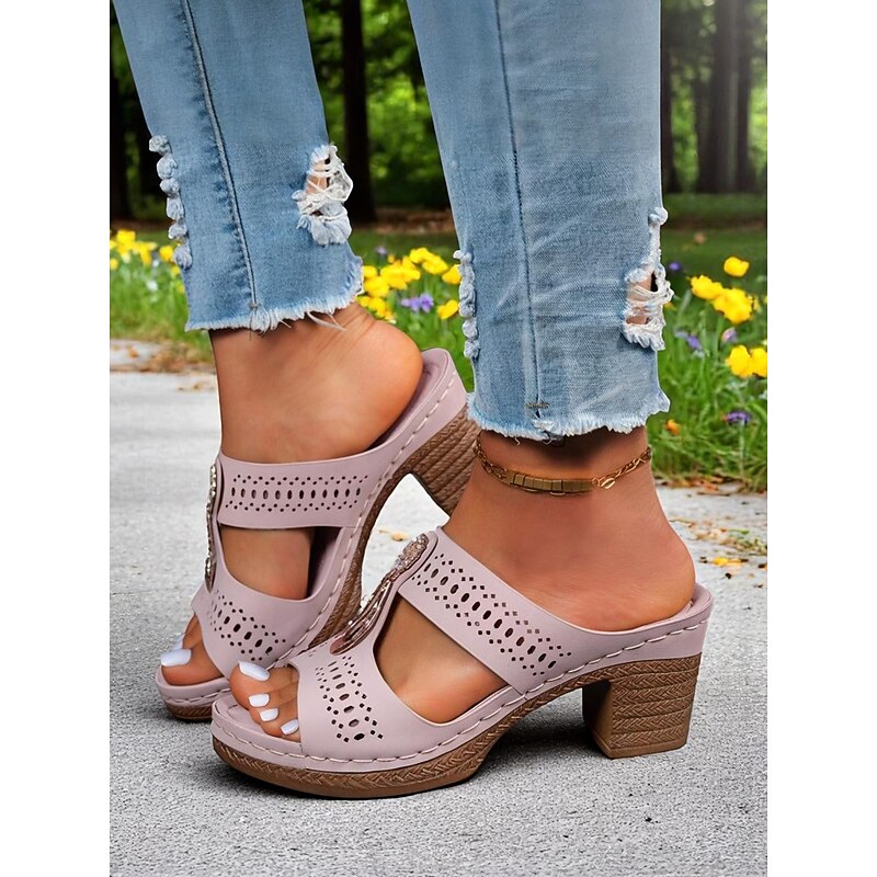 Women's Chunky Heel Mule Sandals – Hollow-Out Rhinestone Design, Retro Buckle Decor, Comfortable Sole, for Outdoor Walks, Garden and Casual Summer Outfits