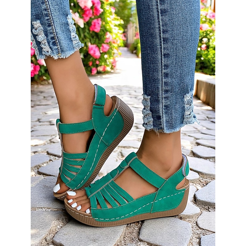 Women's Green Strappy Sandals with Hook-and-Loop Closure – Lightweight Walking Shoes for Casual Wear