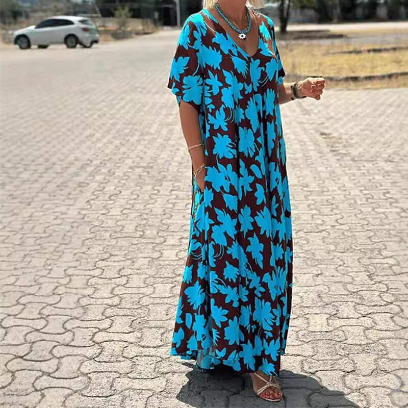 Women's Long Dress Maxi Dress Casual Dress Swing Dress Fashion Outdoor Party Holiday Regular Fit Flower Short Sleeve V Neck Black Blue Summer3