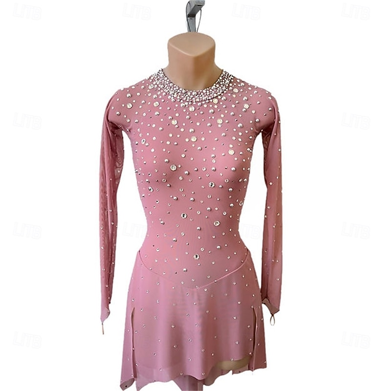Figure Skating Dress Women's Girls' Ice Skating Dress Pink Patchwork Open Back Mesh High Elasticity Training Competition Skating Wear Classic Crystal / Rhinestone Long Sleeve Ice Skating Figure4