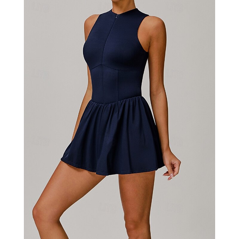 Women's Solid Colored Tennis Dress with Built in Shorts and Bra Sports Dress 2pcs Sleeveless Ruched Zipper Breathable Tennis Pickleball Round Dress Black Dark Navy Purple Tennis Clothing4