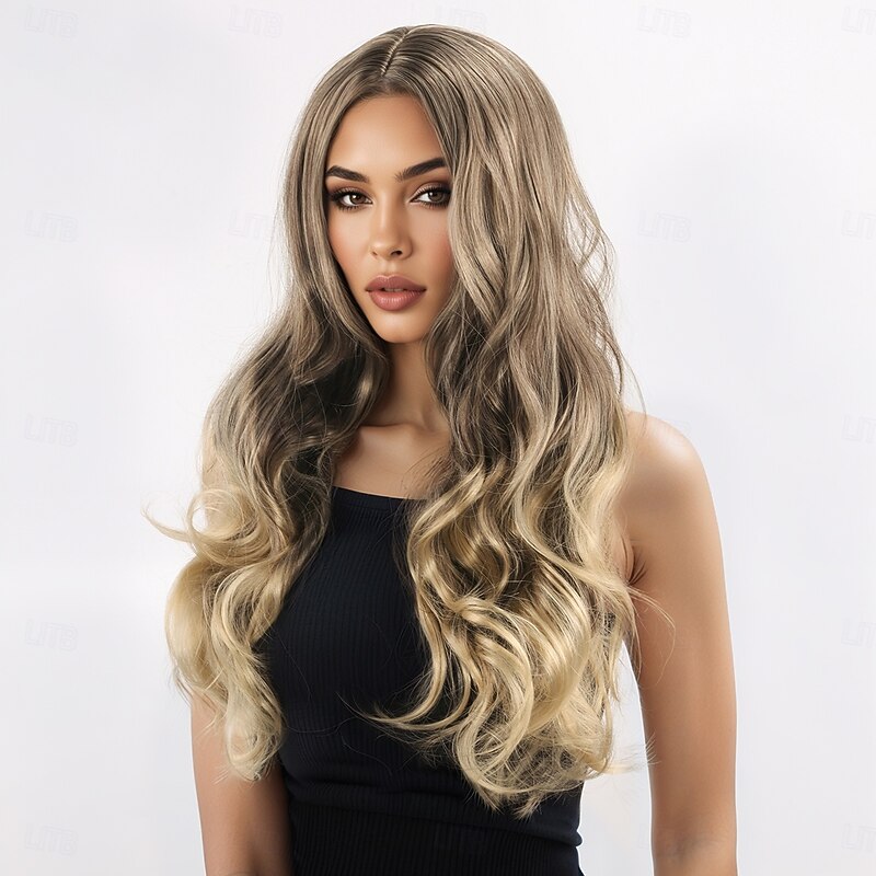 Synthetic Wig Wavy Layered Haircut With Bangs Machine Made Wig 28 inch A1 Synthetic Hair Women's Classic Comfortable Color Gradient Blonde4